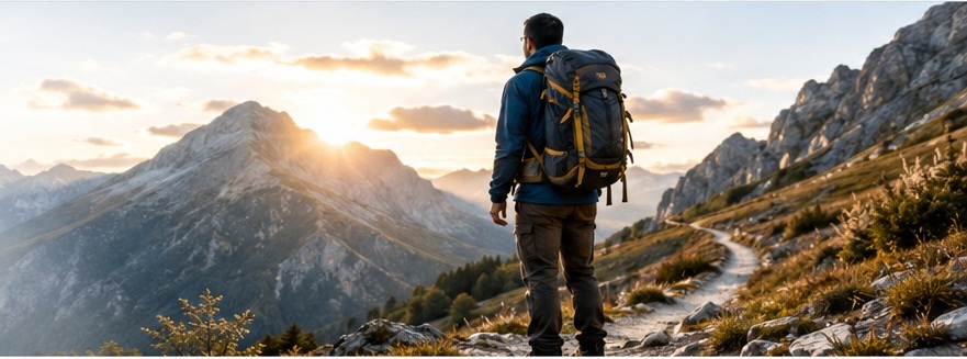 Backpacker on a mountain path, representing the business journey